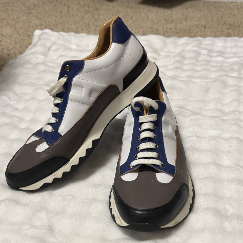 Hermes Men's Sneakers in White, Blue, and Brown